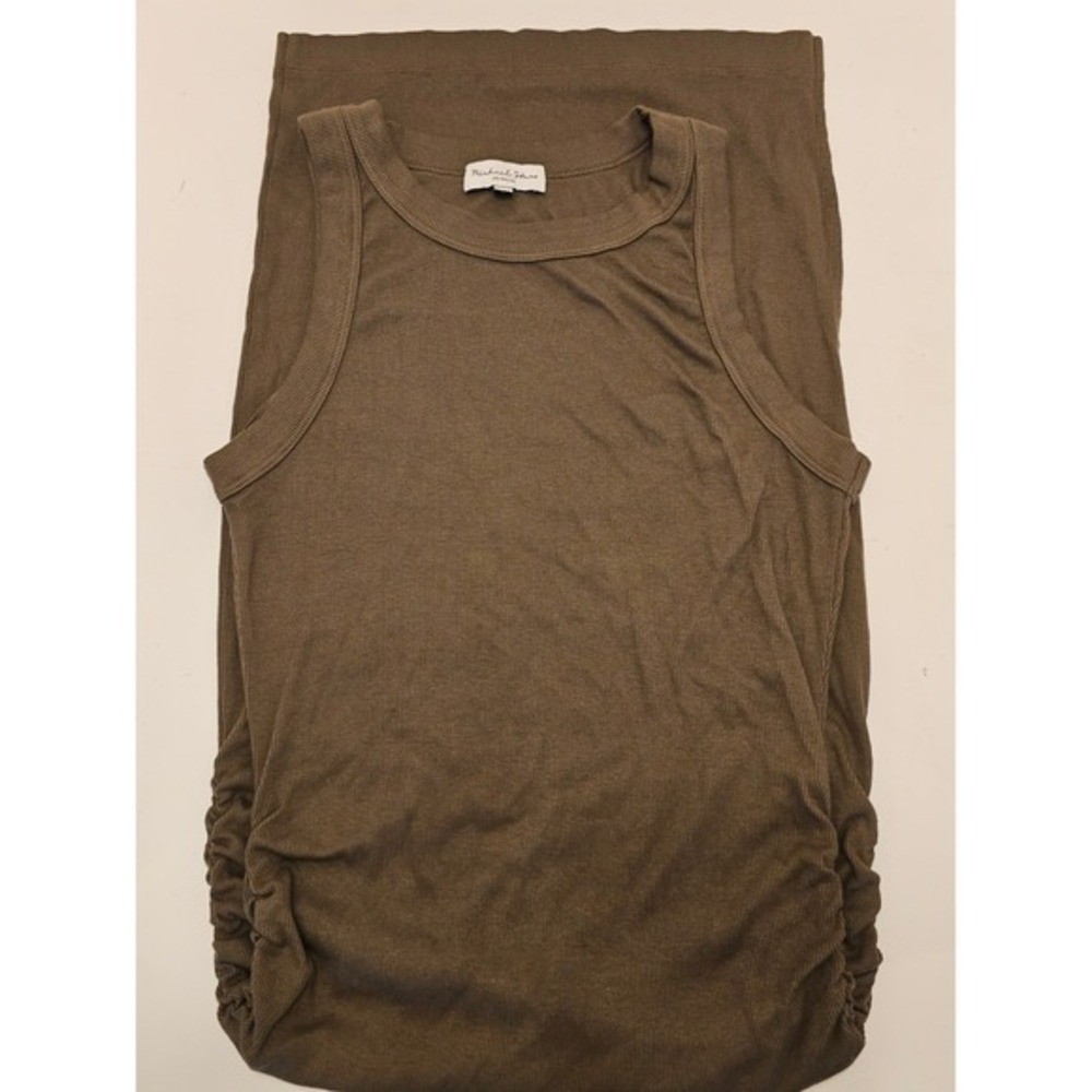 Michael Stars Wren Olive Green Ribbed Ruched Side Slit Midi Dress Womens Sz Med - Picture 7 of 7